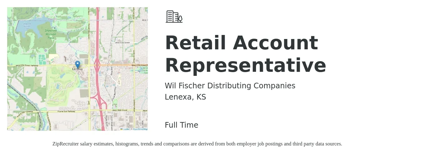 Wil Fischer Distributing Companies job posting for a Retail Account Representative in Lenexa, KS with a salary of $45,760 to $47,260 Yearly with a map of Lenexa location.