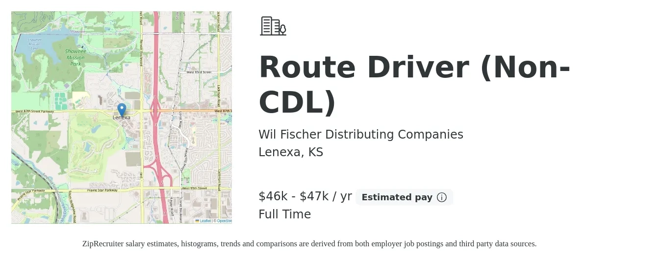 Wil Fischer Distributing Companies job posting for a Route Driver (Non-CDL) in Lenexa, KS with a salary of $46,000 to $47,500 Yearly with a map of Lenexa location.