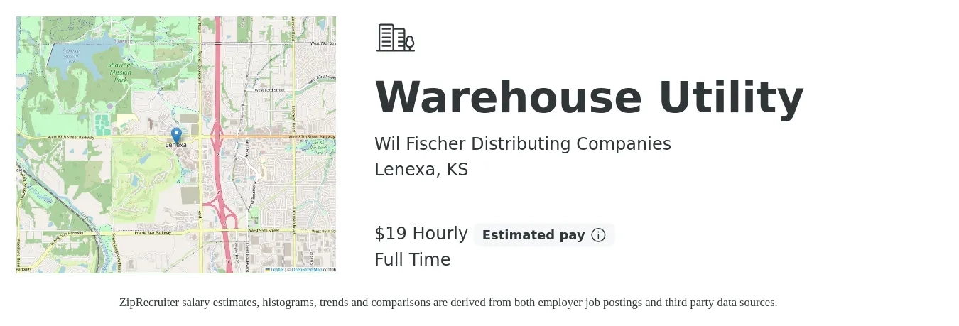 Wil Fischer Distributing Companies job posting for a Warehouse Utility in Lenexa, KS with a salary of $20 Hourly with a map of Lenexa location.