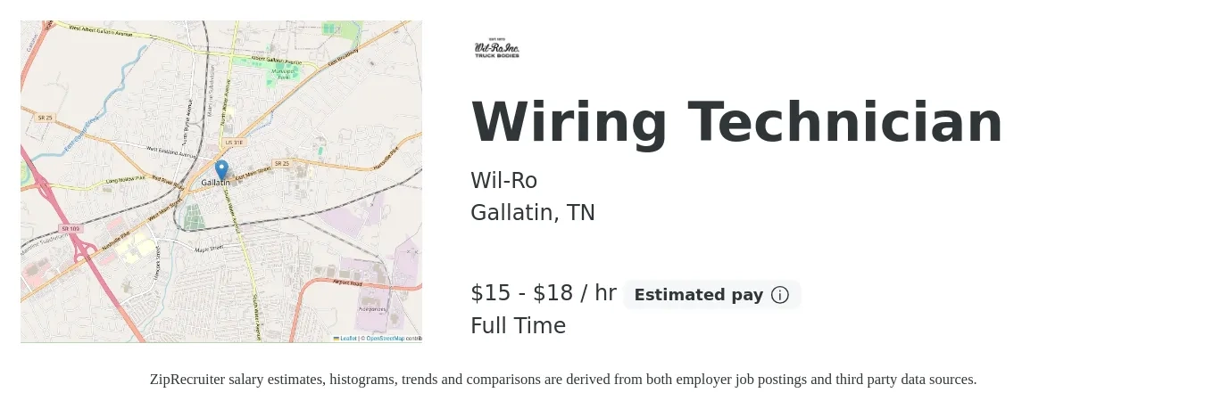 Wil-Ro job posting for a Wiring Technician in Gallatin, TN with a salary of $16 to $19 Hourly with a map of Gallatin location.