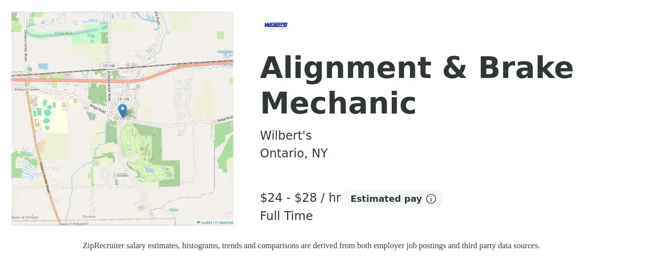 Wilbert's job posting for a Alignment & Brake Mechanic in Ontario, NY with a salary of $25 to $30 Hourly with a map of Ontario location.