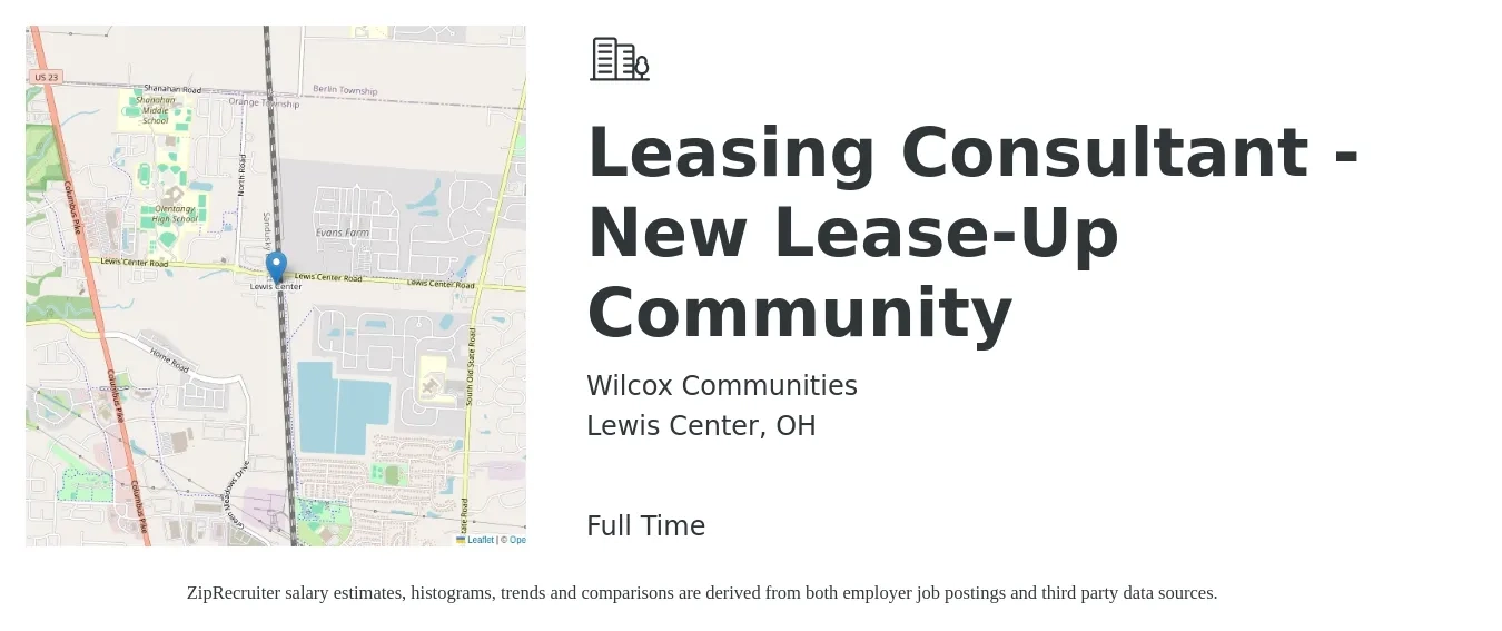 Wilcox Communities job posting for a Leasing Consultant - New Lease-Up Community in Lewis Center, OH with a salary of $15 to $18 Hourly with a map of Lewis Center location.