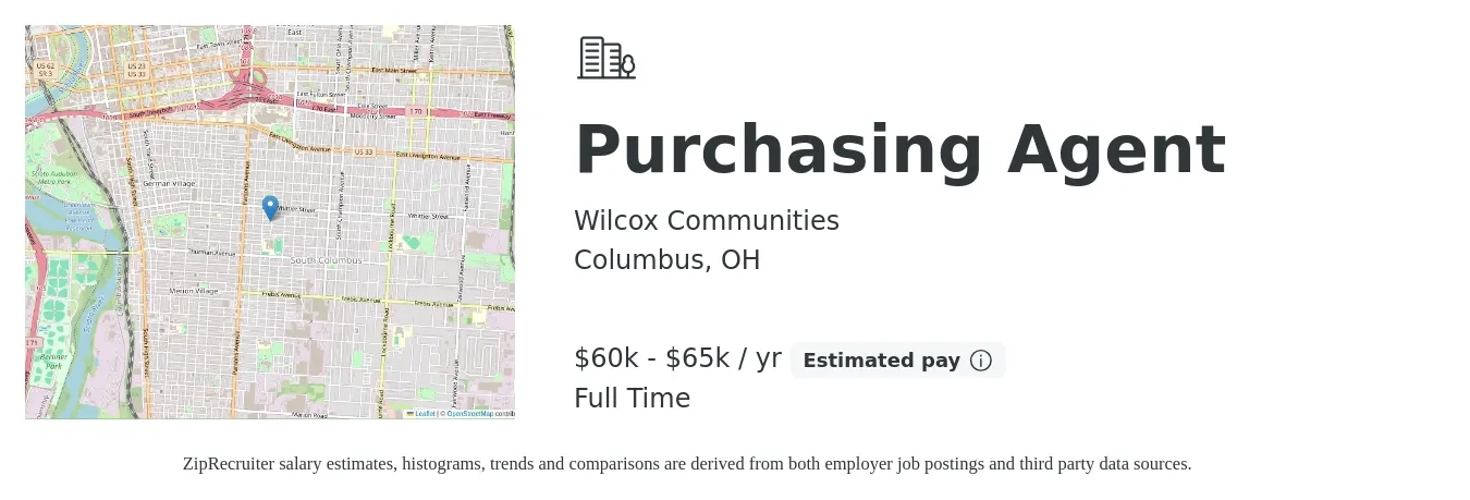 Wilcox Communities job posting for a Purchasing Agent in Columbus, OH with a salary of $60,000 to $65,000 Yearly with a map of Columbus location.