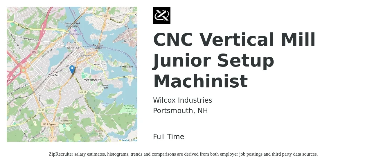 Wilcox Industries job posting for a CNC Vertical Mill Junior Setup Machinist in Portsmouth, NH with a salary of $22 to $30 Hourly with a map of Portsmouth location.