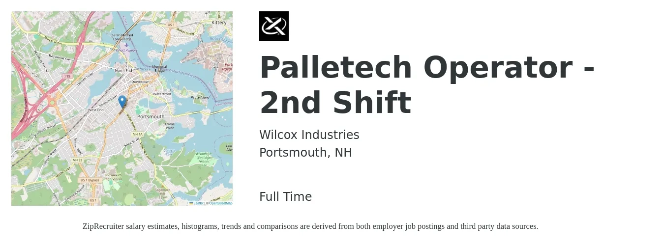 Wilcox Industries job posting for a Palletech Operator - 2nd Shift in Portsmouth, NH with a salary of $18 to $24 Hourly with a map of Portsmouth location.