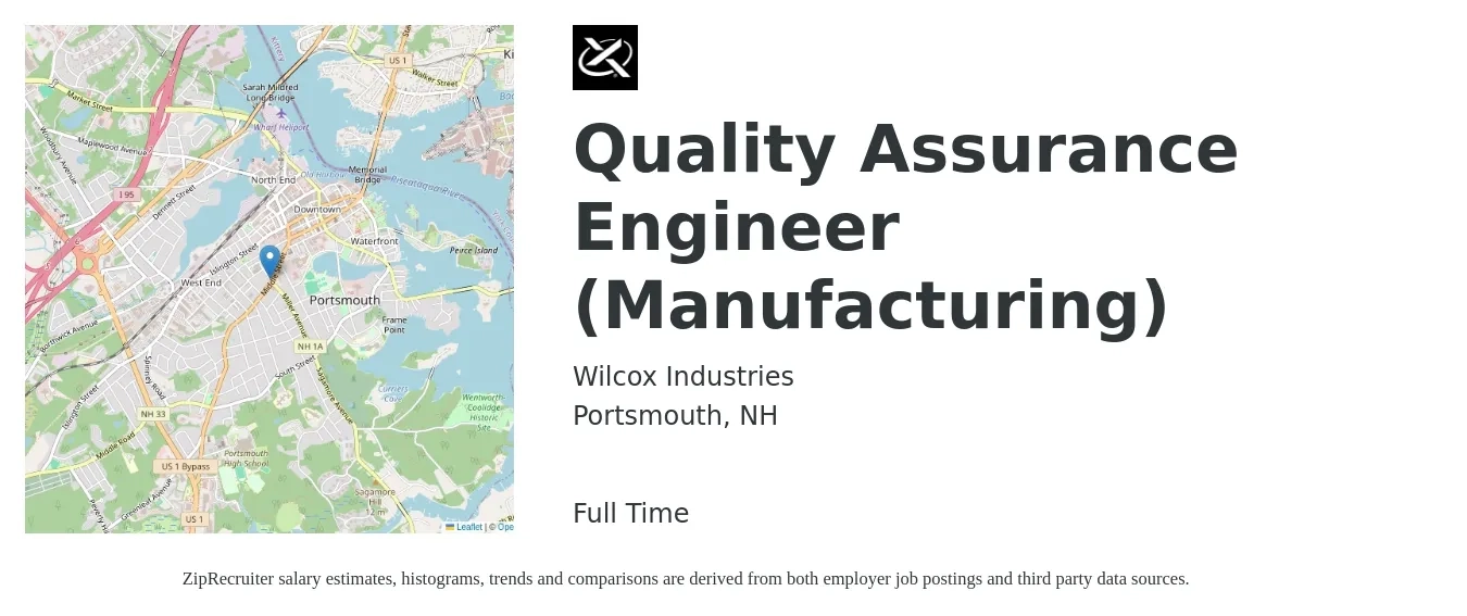 Wilcox Industries job posting for a Quality Assurance Engineer (Manufacturing) in Portsmouth, NH with a salary of $40 to $59 Hourly with a map of Portsmouth location.
