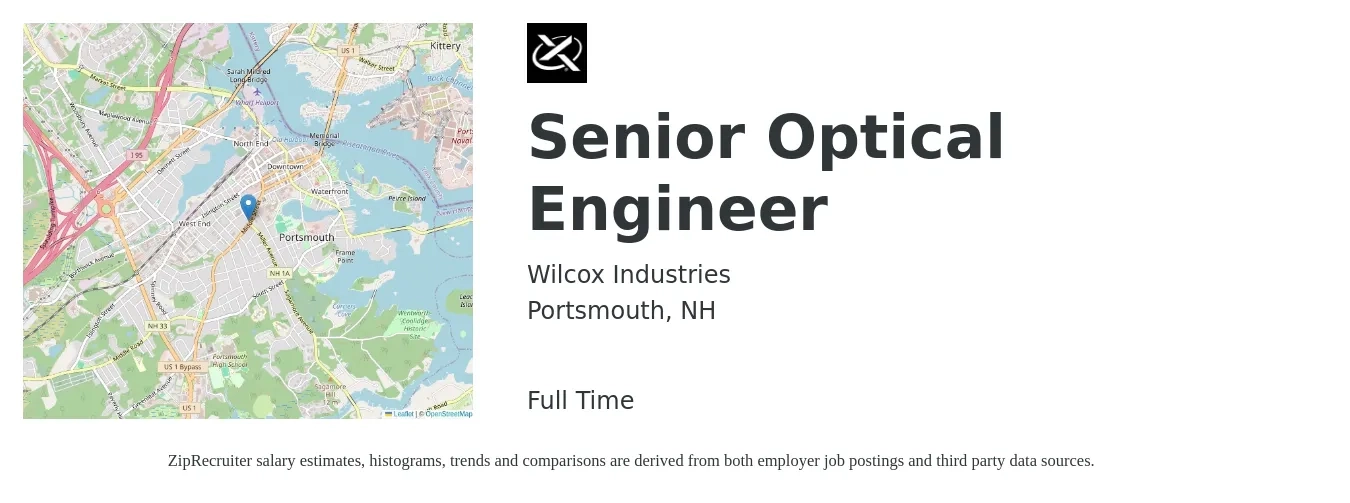 Wilcox Industries job posting for a Senior Optical Engineer in Portsmouth, NH with a salary of $106,500 to $146,200 Yearly with a map of Portsmouth location.