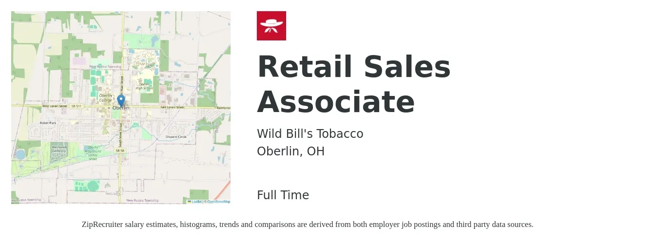 Wild Bill's Tobacco job posting for a Retail Sales Associate in Oberlin, OH with a salary of $14 to $16 Hourly with a map of Oberlin location.