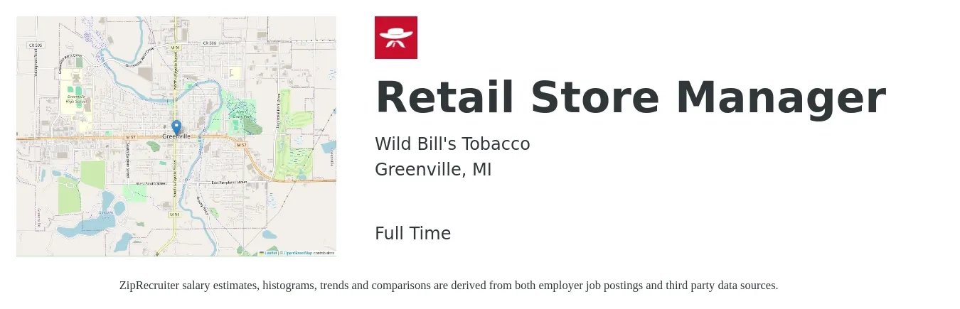 Wild Bill's Tobacco job posting for a Retail Store Manager in Greenville, MI with a salary of $16 to $24 Hourly with a map of Greenville location.