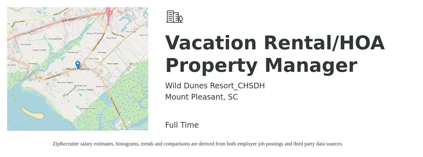 Wild Dunes Resort_CHSDH job posting for a Vacation Rental/HOA Property Manager in Mount Pleasant, SC with a salary of $42,000 to $64,900 Yearly with a map of Mount Pleasant location.