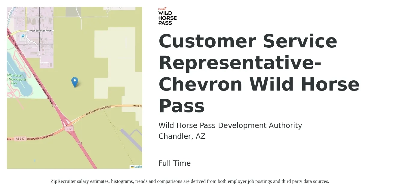 Wild Horse Pass Development Authority job posting for a Customer Service Representative- Chevron Wild Horse Pass in Chandler, AZ with a salary of $16 to $21 Hourly with a map of Chandler location.