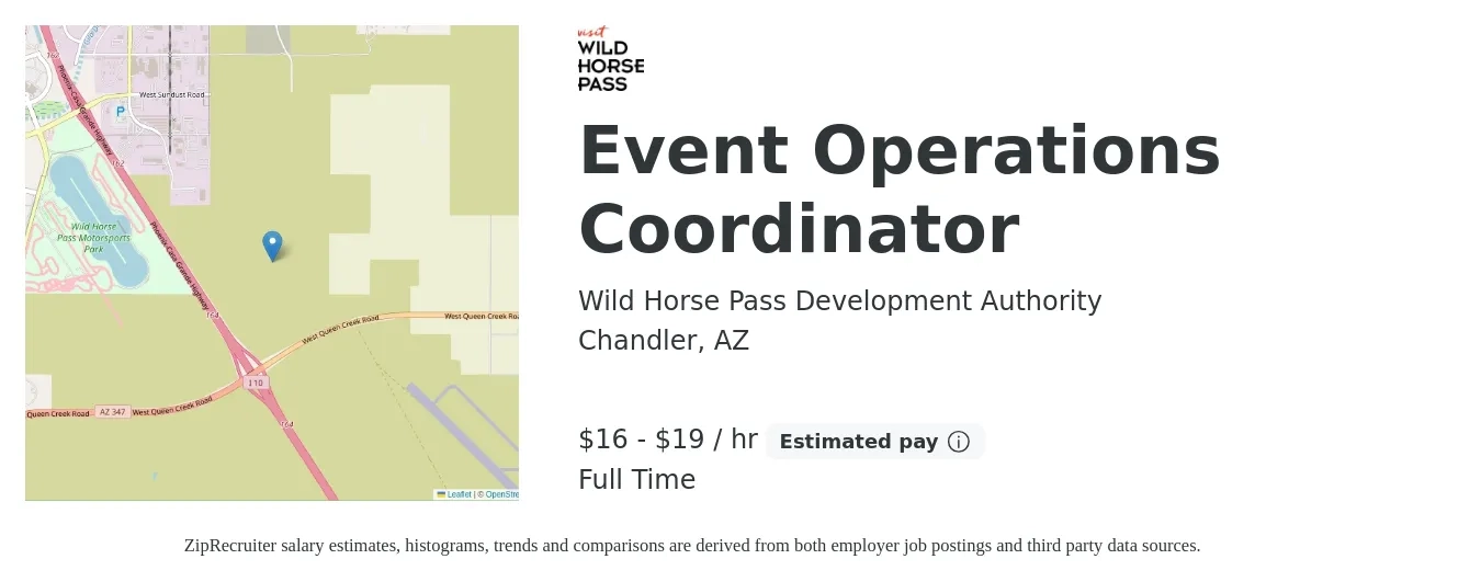 Wild Horse Pass Development Authority job posting for a Event Operations Coordinator in Chandler, AZ with a salary of $35,000 to $42,500 Yearly with a map of Chandler location.