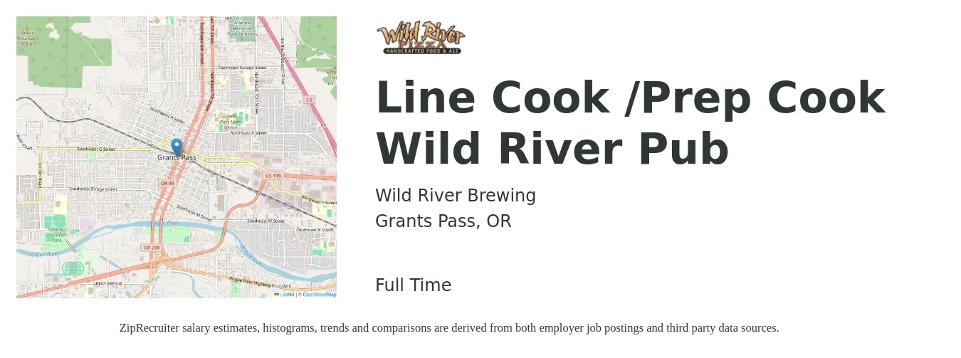 Wild River Brewing job posting for a Line Cook /Prep Cook Wild River Pub in Grants Pass, OR with a salary of $16 to $20 Hourly with a map of Grants Pass location.