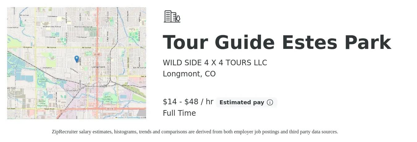 WILD SIDE 4 X 4 TOURS LLC job posting for a Tour Guide Estes Park in Longmont, CO with a salary of $15 to $50 Hourly with a map of Longmont location.