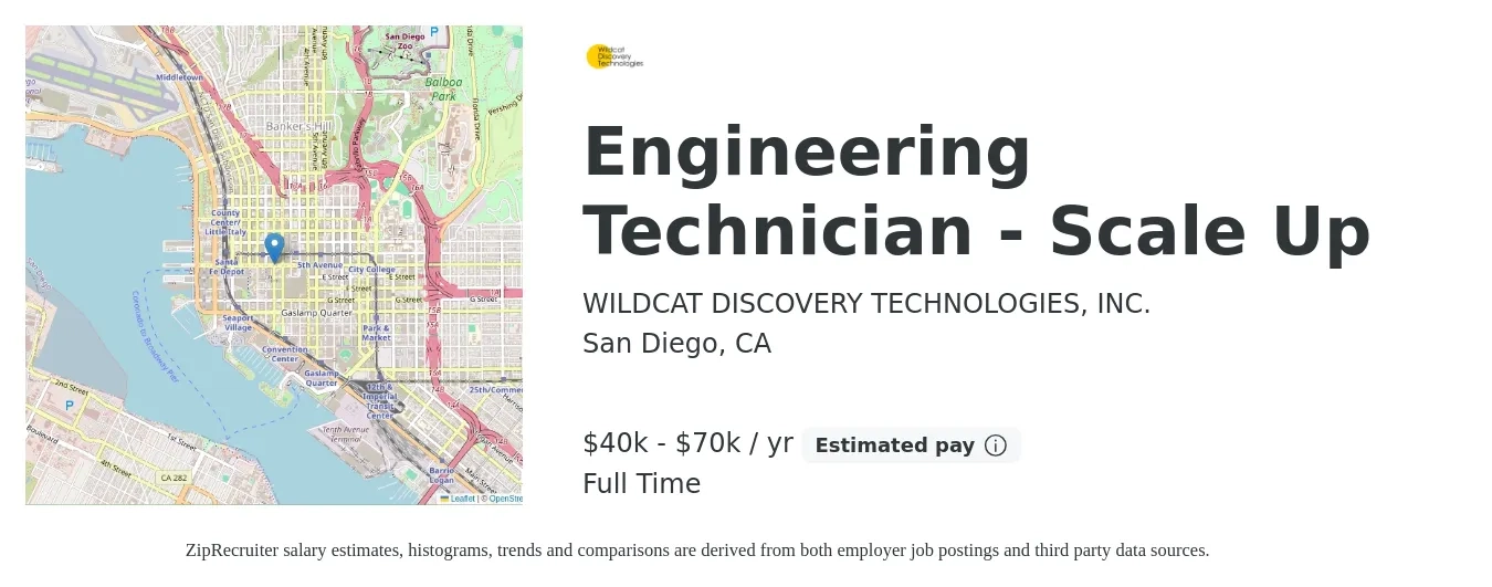WILDCAT DISCOVERY TECHNOLOGIES, INC. job posting for a Engineering Technician - Scale Up in San Diego, CA with a salary of $49,900 to $76,400 Yearly with a map of San Diego location.