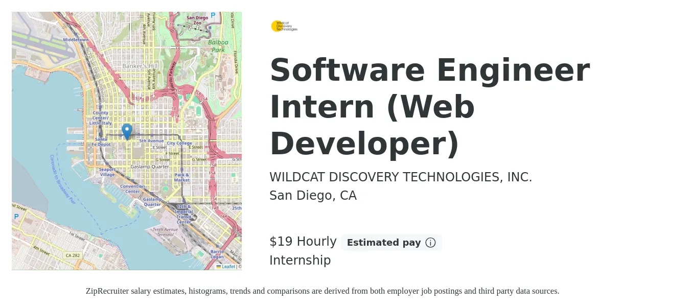 WILDCAT DISCOVERY TECHNOLOGIES, INC. job posting for a Software Engineer Intern (Web Developer) in San Diego, CA with a salary of $20 Hourly with a map of San Diego location.