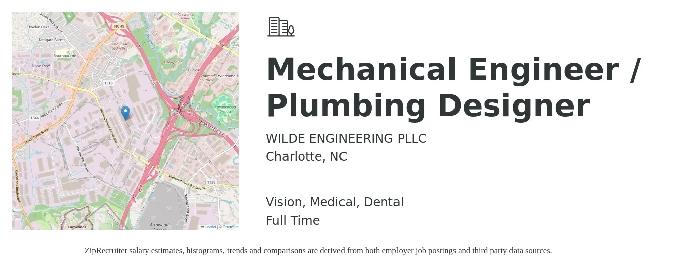 WILDE ENGINEERING PLLC job posting for a Mechanical Engineer / Plumbing Designer in Charlotte, NC with a salary of $74,200 to $100,600 Yearly and benefits including dental, medical, pto, retirement, and vision with a map of Charlotte location.