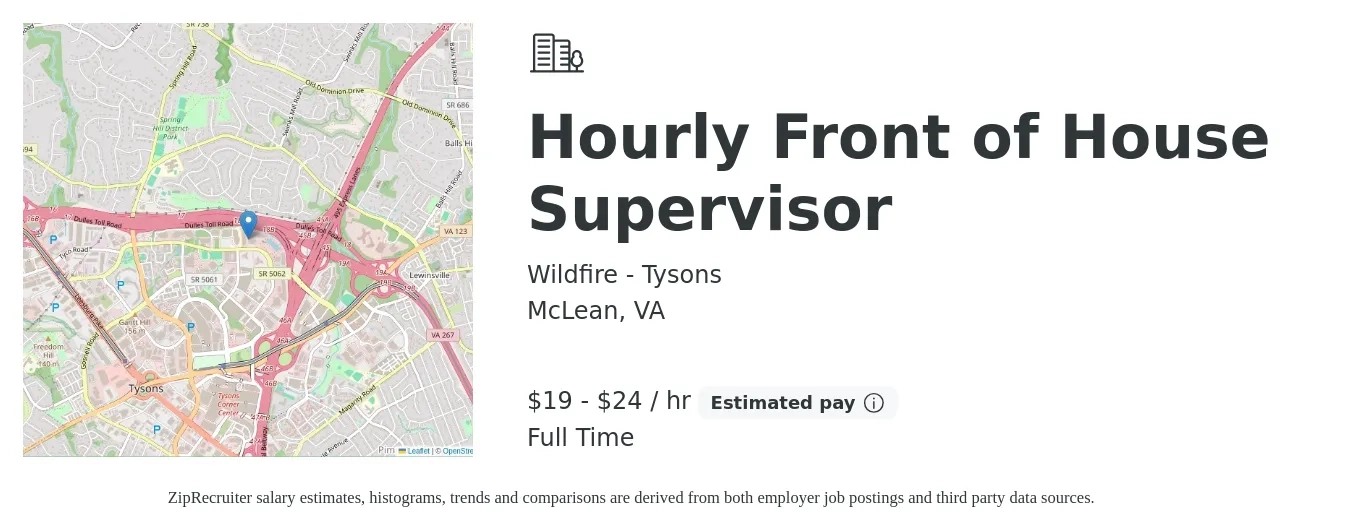 Wildfire - Tysons job posting for a Hourly Front of House Supervisor in McLean, VA with a salary of $20 to $25 Hourly with a map of McLean location.