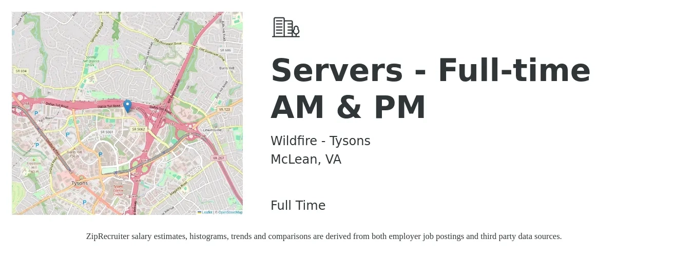 Wildfire - Tysons job posting for a Servers - Full-time AM & PM in McLean, VA with a salary of $1,000 to $1,500 Weekly with a map of McLean location.