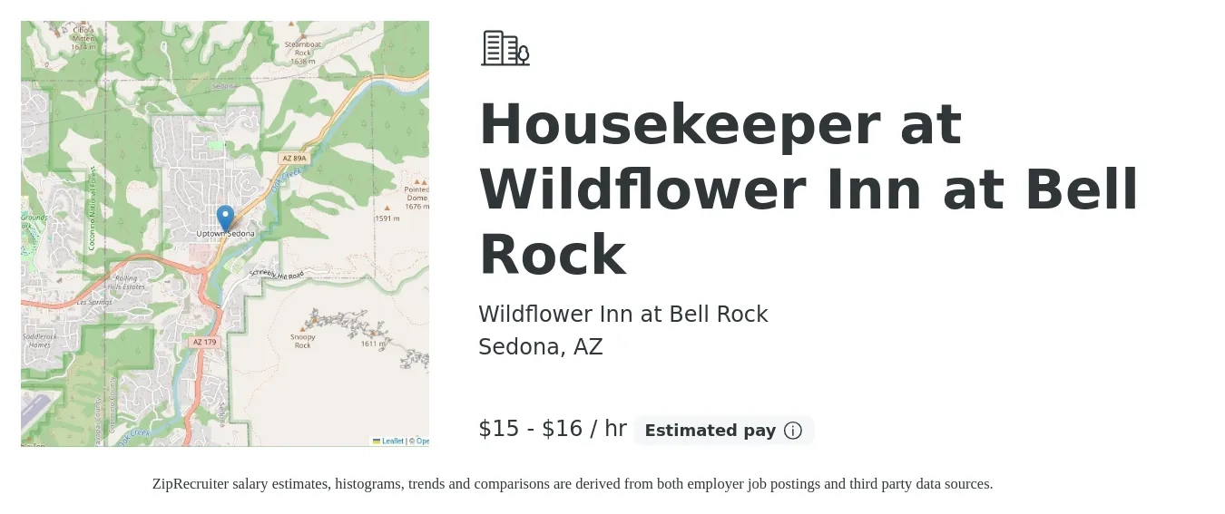 Wildflower Inn at Bell Rock job posting for a Housekeeper at Wildflower Inn at Bell Rock in Sedona, AZ with a salary of $16 to $17 Hourly with a map of Sedona location.