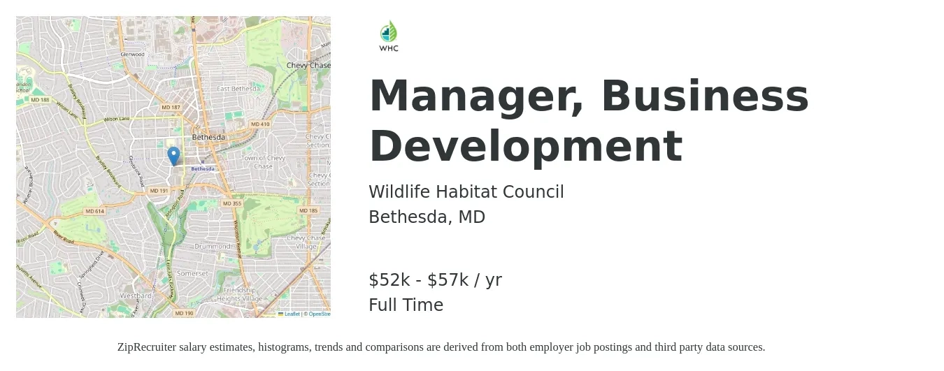 Wildlife Habitat Council job posting for a Manager, Business Development in Bethesda, MD with a salary of $52,000 to $57,000 Yearly with a map of Bethesda location.