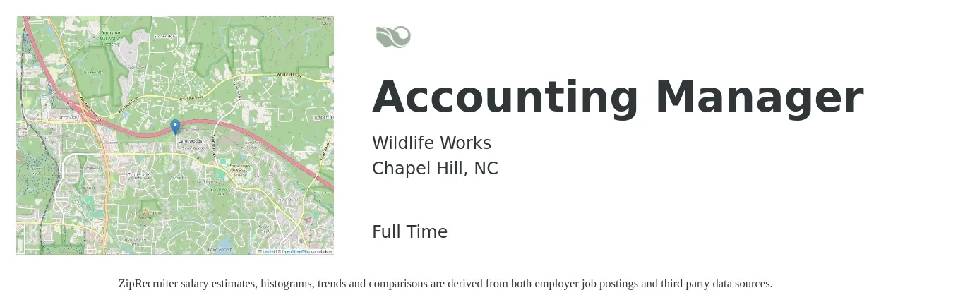 Wildlife Works job posting for a Accounting Manager in Chapel Hill, NC with a salary of $66,400 to $95,300 Yearly with a map of Chapel Hill location.