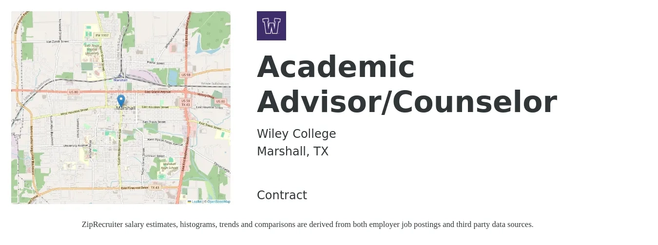 Wiley College job posting for a Academic Advisor/Counselor in Marshall, TX with a salary of $34,400 to $42,200 Yearly with a map of Marshall location.