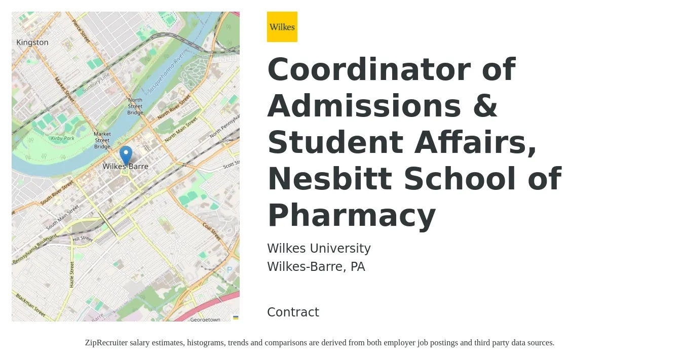 Wilkes University job posting for a Coordinator of Admissions & Student Affairs, Nesbitt School of Pharmacy in Wilkes-Barre, PA with a salary of $18 to $25 Hourly with a map of Wilkes-Barre location.
