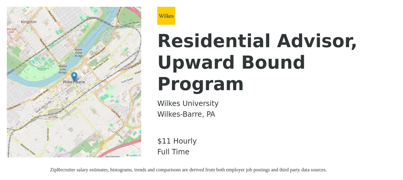 Wilkes University job posting for a Residential Advisor, Upward Bound Program in Wilkes-Barre, PA with a salary of $12 Hourly with a map of Wilkes-Barre location.