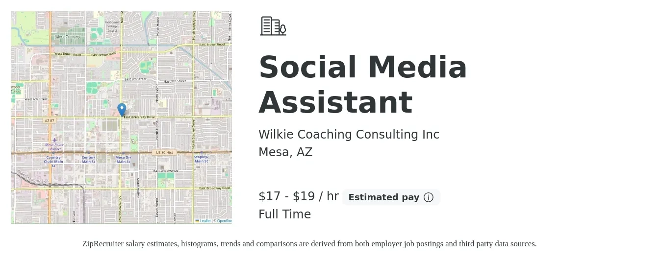 Wilkie Coaching Consulting Inc job posting for a Social Media Assistant in Mesa, AZ with a salary of $18 to $20 Hourly with a map of Mesa location.