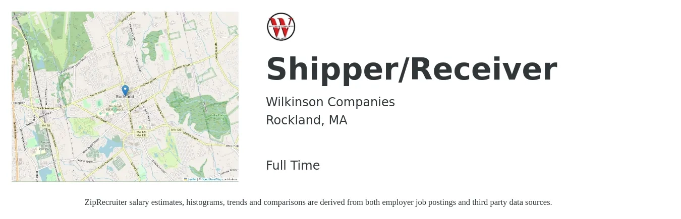 Wilkinson Companies job posting for a Shipper/Receiver in Rockland, MA with a salary of $17 to $22 Hourly with a map of Rockland location.