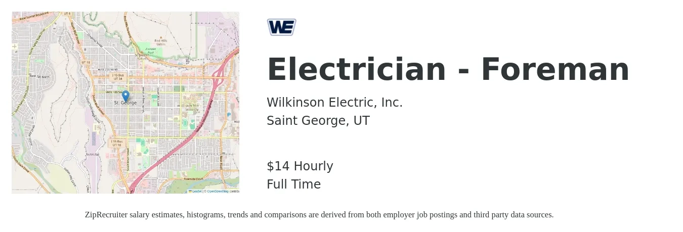 Wilkinson Electric, Inc. job posting for a Electrician - Foreman in Saint George, UT with a salary of $15 Hourly with a map of Saint George location.