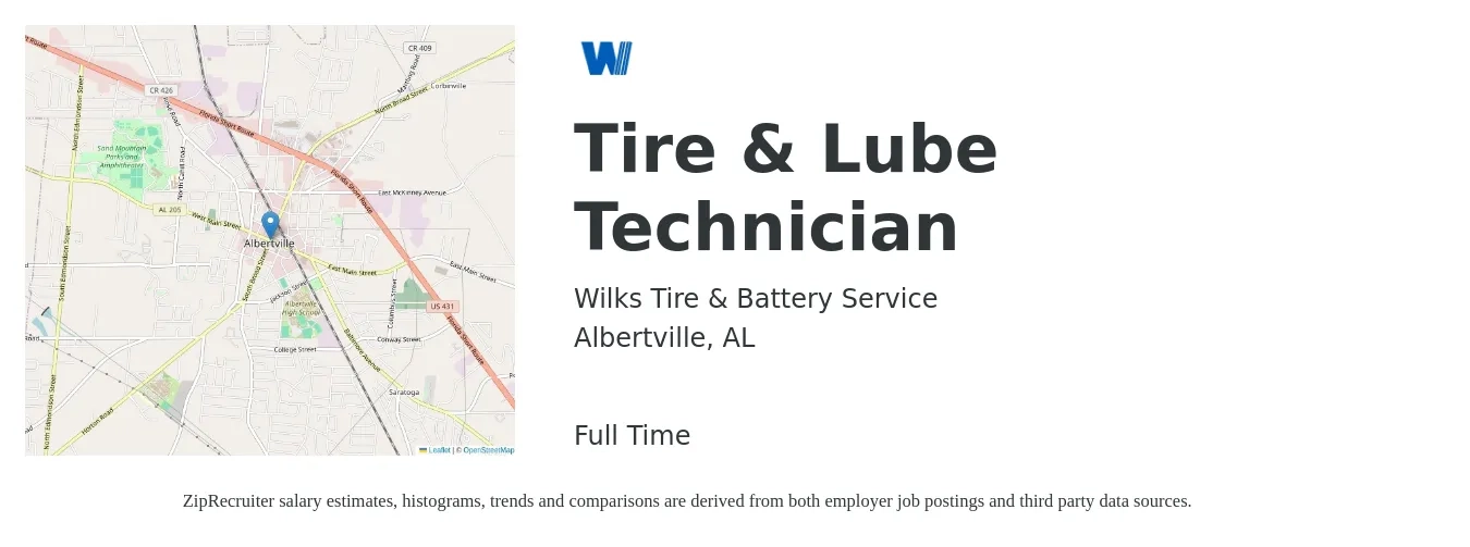 Wilks Tire & Battery Service job posting for a Tire & Lube Technician in Albertville, AL with a salary of $14 to $16 Hourly with a map of Albertville location.