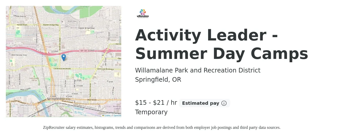 Willamalane Park and Recreation District job posting for a Activity Leader - Summer Day Camps in Springfield, OR with a salary of $17 to $22 Hourly with a map of Springfield location.