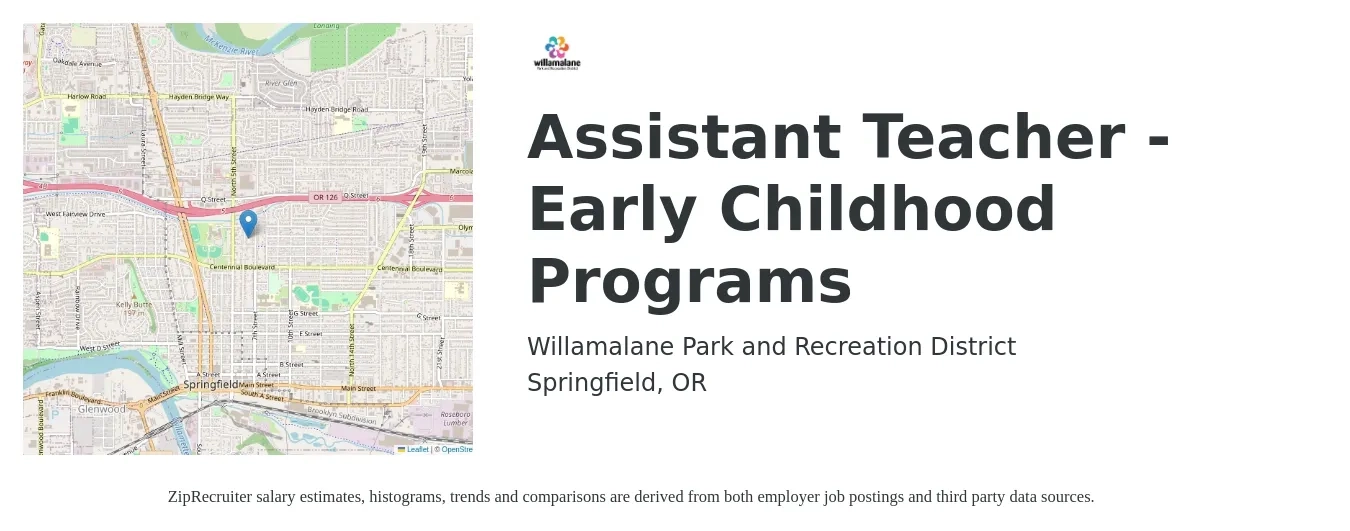 Willamalane Park and Recreation District job posting for a Assistant Teacher - Early Childhood Programs in Springfield, OR with a salary of $17 to $23 Hourly with a map of Springfield location.