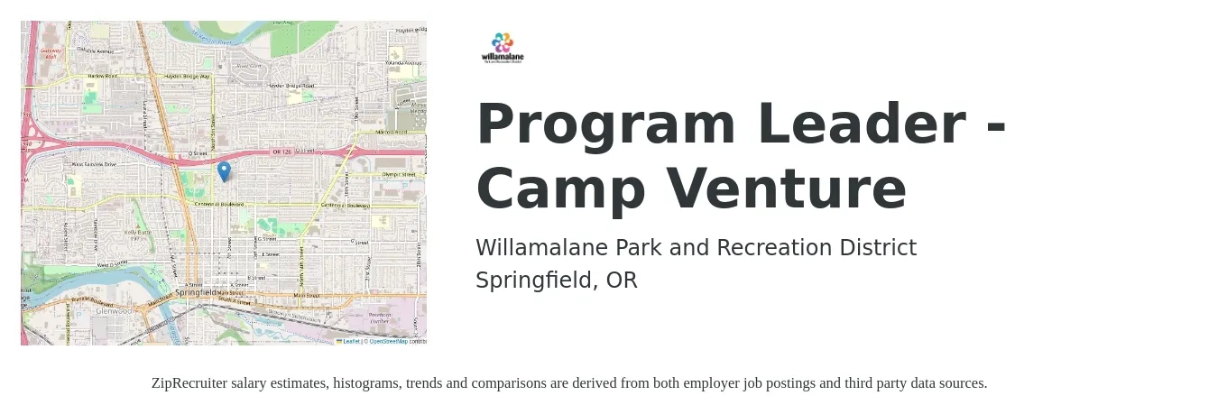 Willamalane Park and Recreation District job posting for a Program Leader - Camp Venture in Springfield, OR with a salary of $17 Hourly with a map of Springfield location.
