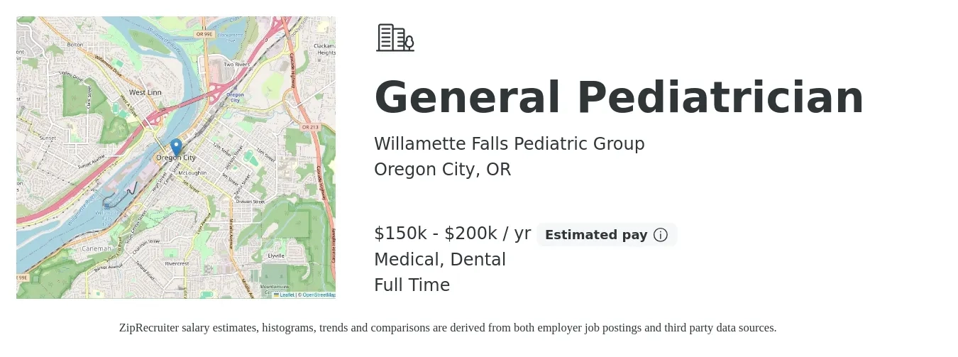 Willamette Falls Pediatric Group job posting for a General Pediatrician in Oregon City, OR with a salary of $150,000 to $200,000 Yearly and benefits including life_insurance, medical, pto, and dental with a map of Oregon City location.