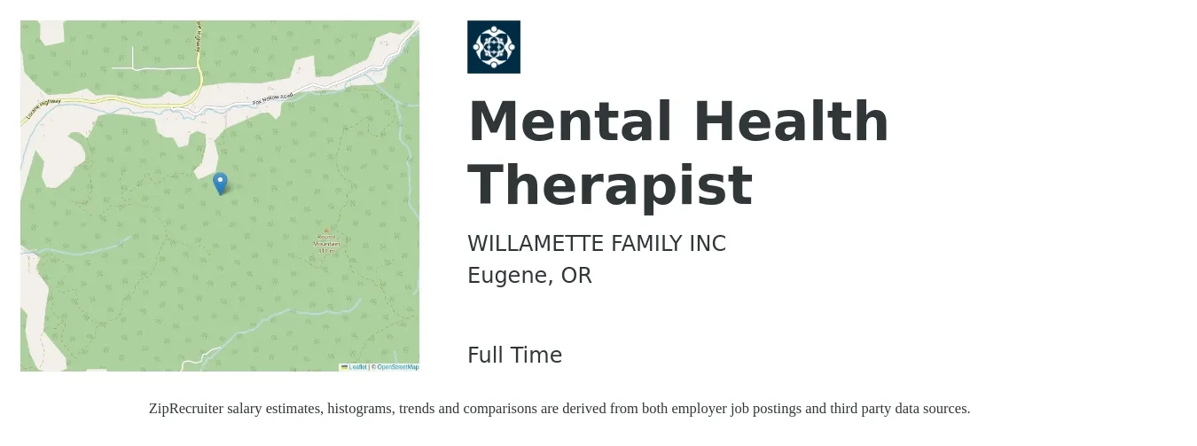 Willamette Family job posting for a Mental Health Therapist in Eugene, OR with a salary of $59,200 to $83,900 Yearly with a map of Eugene location.