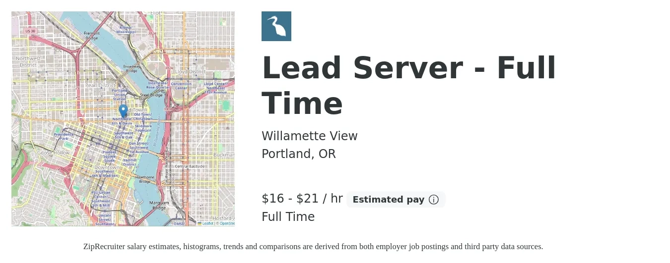 Willamette View job posting for a Lead Server - Full Time in Portland, OR with a salary of $17 to $22 Hourly with a map of Portland location.