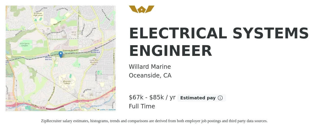 Willard Marine job posting for a ELECTRICAL SYSTEMS ENGINEER in Oceanside, CA with a salary of $67,000 to $85,000 Yearly with a map of Oceanside location.