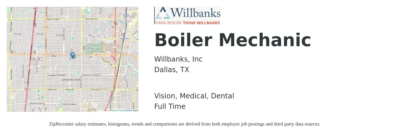Willbanks, Inc job posting for a Boiler Mechanic in Dallas, TX with a salary of $25 to $32 Hourly and benefits including dental, life_insurance, medical, retirement, and vision with a map of Dallas location.
