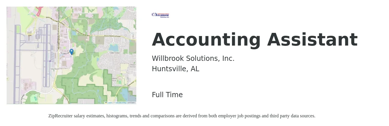 Willbrook Solutions, Inc. job posting for a Accounting Assistant in Huntsville, AL with a salary of $19 to $25 Hourly with a map of Huntsville location.
