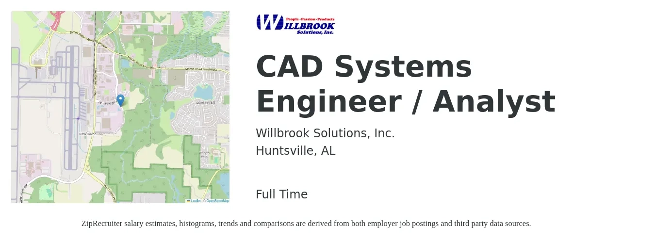 Willbrook Solutions, Inc. job posting for a CAD Systems Engineer / Analyst in Huntsville, AL with a salary of $96,600 to $154,700 Yearly with a map of Huntsville location.