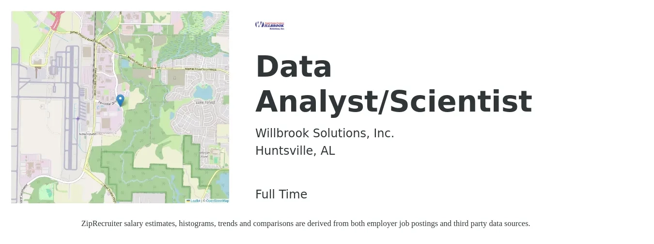 Willbrook Solutions, Inc. job posting for a Data Analyst/Scientist in Huntsville, AL with a map of Huntsville location.