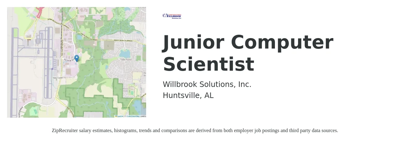 Willbrook Solutions job posting for a Junior Computer Scientist in Huntsville, AL with a salary of $46,200 to $76,300 Yearly with a map of Huntsville location.