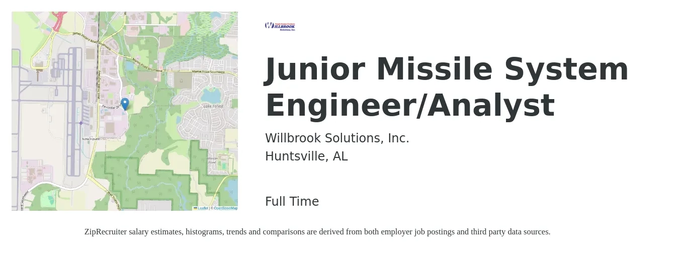 Willbrook Solutions, Inc. job posting for a Junior Missile System Engineer/Analyst in Huntsville, AL with a salary of $61,600 to $86,200 Yearly with a map of Huntsville location.
