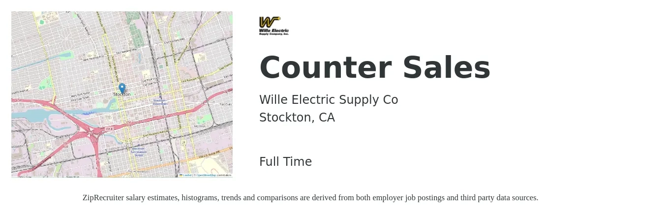 Wille Electric Supply Co job posting for a Counter Sales in Stockton, CA with a salary of $17 to $21 Hourly with a map of Stockton location.