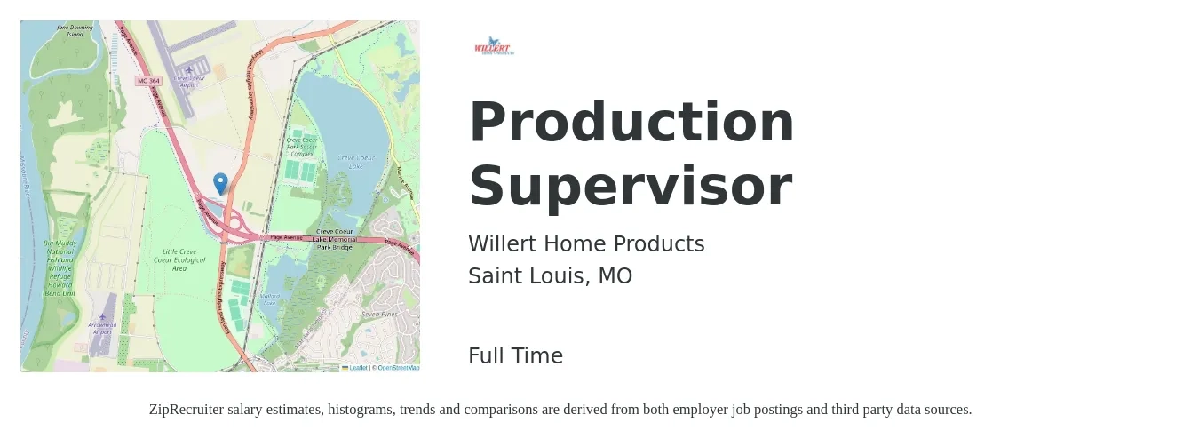 Willert Home Products job posting for a Production Supervisor in Saint Louis, MO with a salary of $65,000 Yearly with a map of Saint Louis location.