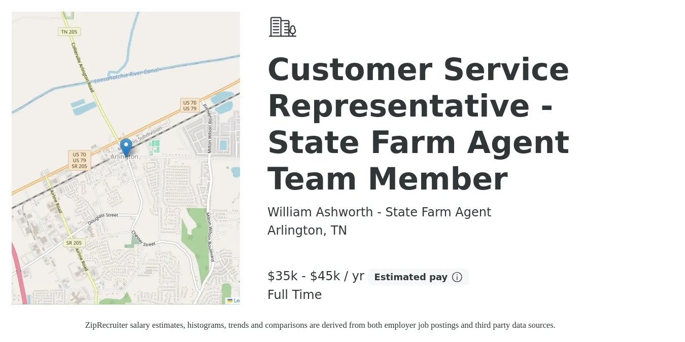 William Ashworth - State Farm Agent job posting for a Customer Service Representative - State Farm Agent Team Member in Arlington, TN with a salary of $35,000 to $45,000 Yearly with a map of Arlington location.