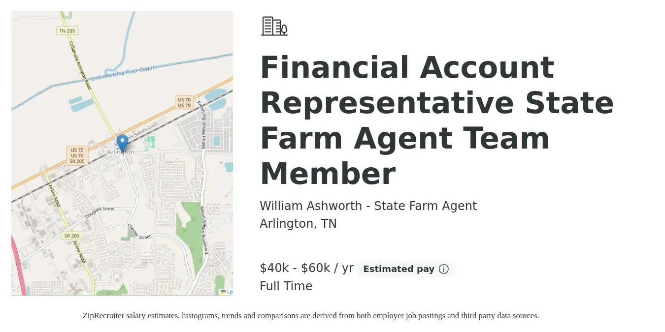 William Ashworth - State Farm Agent job posting for a Financial Account Representative State Farm Agent Team Member in Arlington, TN with a salary of $40,000 to $60,000 Yearly with a map of Arlington location.